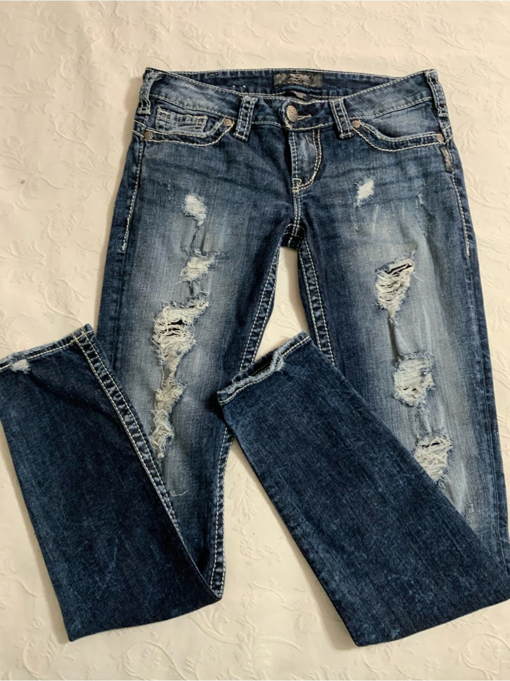 Silver Jeans Camden Rose Dark Wash Distressed Skinny Jeans, 30W/33L